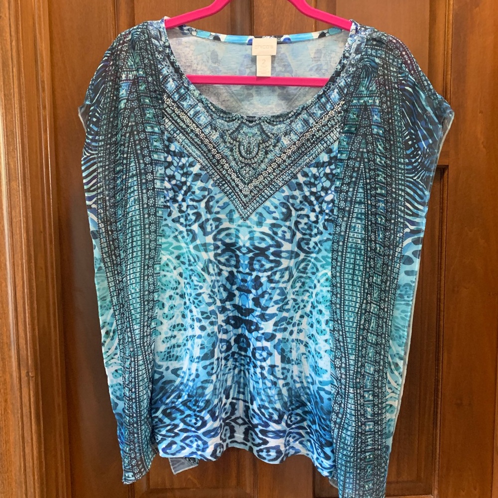 Chicos blue animal print top. Embellished neck. Size 2. Medium.